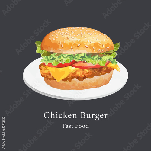 Crispy Chicken Burger. Hand drawn watercolor vector illustration
