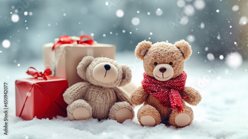 Sweet bear plushies next to Christmas presents on snowy background. Created with Generative AI technology