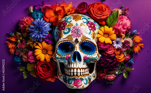 Colorful sugar skull surrounded by flowers and leaves on gradient purple background. Created with Generative AI technology