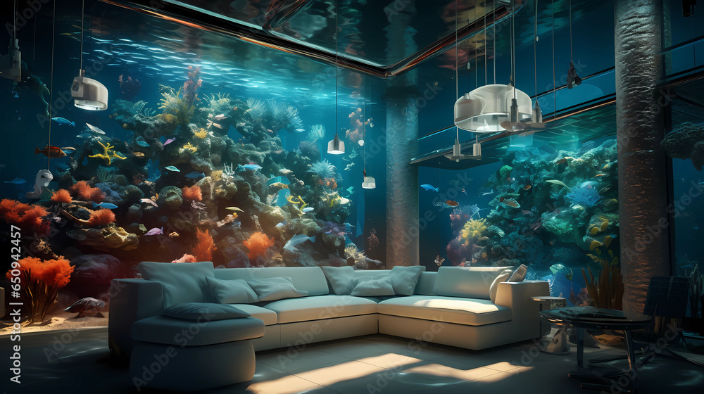Underwater Living Room with an Ocean Theme