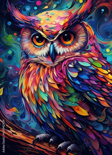 Colorful Owl Painting, A Vivid Full-Body Owl in Captivating Hues of Wildlife Art 