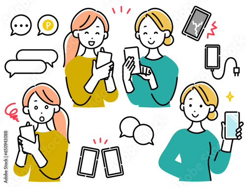 スマートフォンを持った女性 友達同士 ポーズセットとアイコンセット