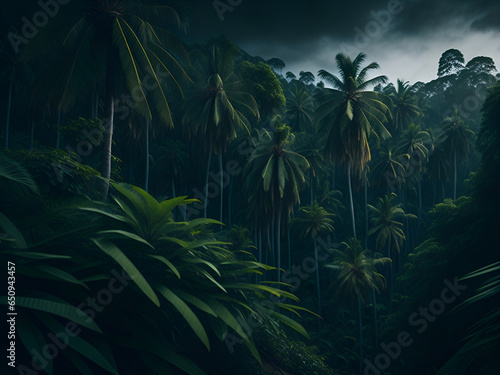 Panorama of dense jungle  wild forest with palm trees and tropical plants