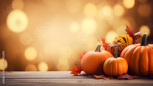Thanksgiving background, Pumpkins and maple leaves on wood table over blur background with copy space for text