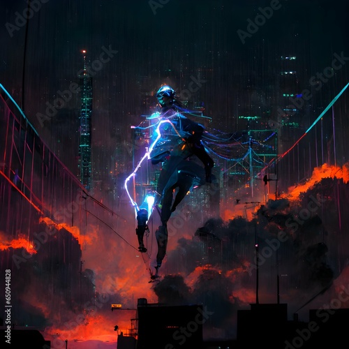 lightningwave superhero running on top of a cyberpunk megastructure 