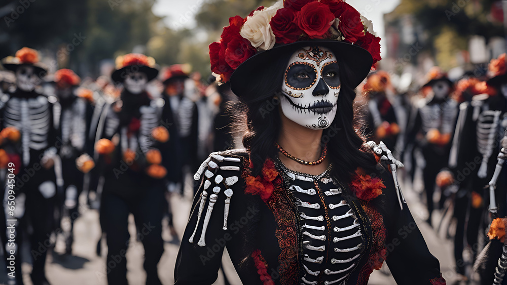 Sugar skull woman in traditional costume with flowers at the Day of the Dead