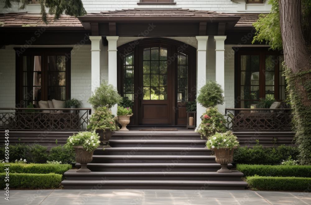 Main entrance door in house. Exterior of georgian style home cottage with white columns and stone cladding