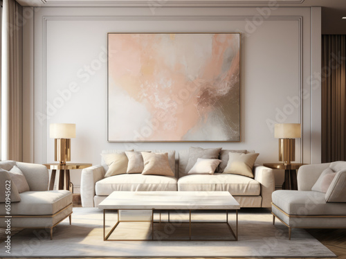 Modern white living room with an abstract painting, minimalist design, copy space. Website images 