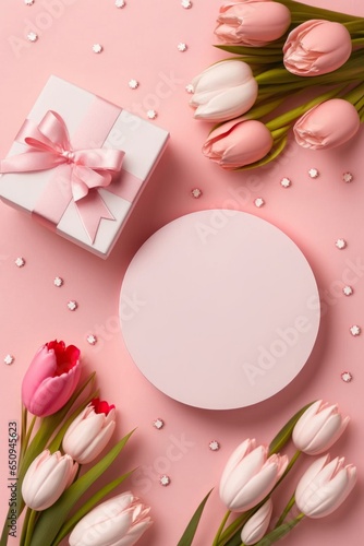 Mother's Day concept. Top view vertical photo of white circle pink tulips gift boxes with ribbon bows and scattered sprinkles on isolated pastel pink background with empty, Generative AI 