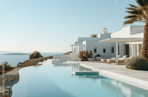 A large white villa beside a pool with a view of the ocean, copy space. Website images 