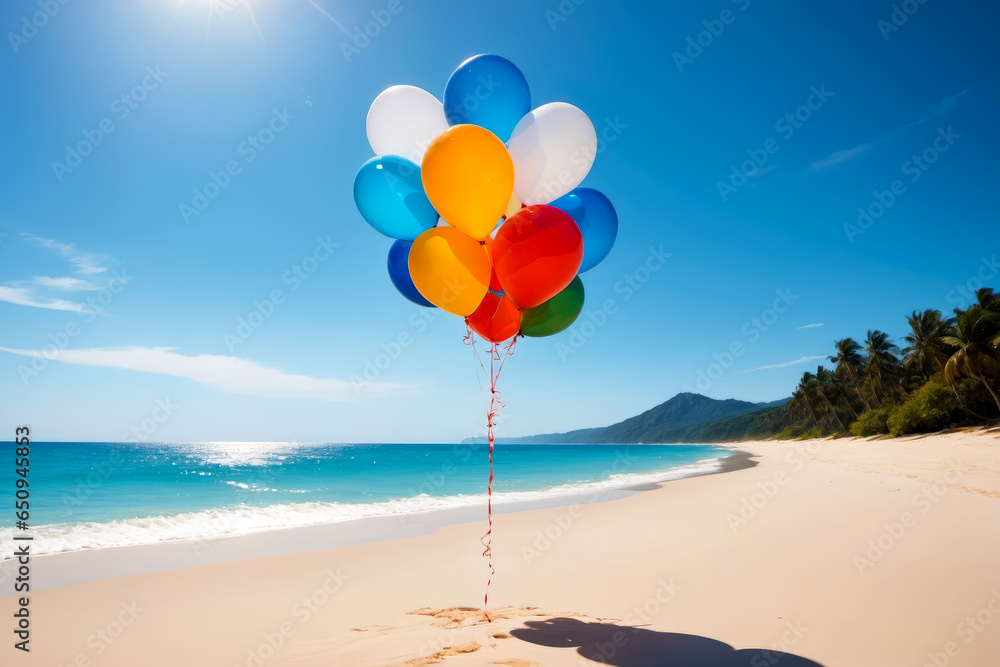 Fototapeta premium Vibrant Colorful Balloons Soaring over a Minimal Tropical Beach Scene with Blue Sky, AI Generated