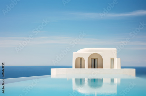 A large white villa beside a pool with a view of the ocean, copy space. Website images  © Anastasiia