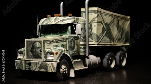 origami truck made with money. Concept to show the cost of transport. generative AI