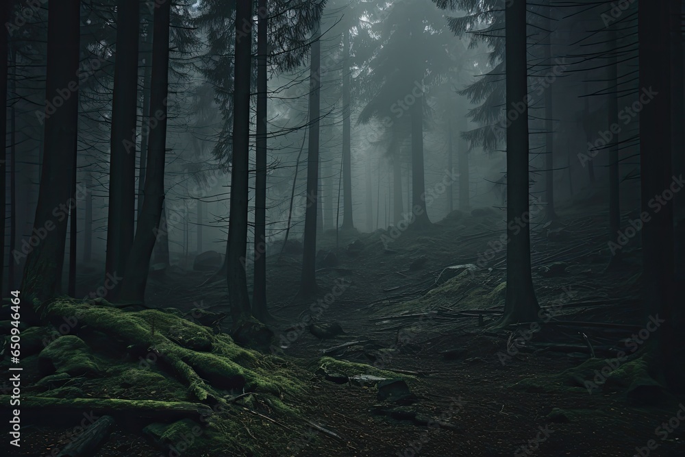 Fototapeta premium Forest in fog creating a mysterious atmosphere