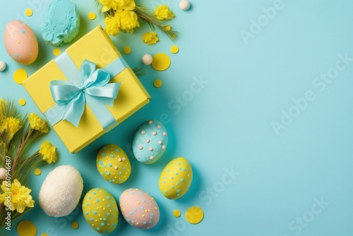 Easter concept. Top view photo of vivid yellow gift boxes with blue bows colorful easter eggs ceramic bunny mimosa flowers and sprinkles on isolated pastel blue background with blank, Generative AI