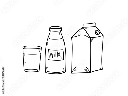 Hand drawn milk box, bottle and glass of milk vector illustration