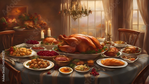 Thanksgiving dinner with turkey and other traditional dishes. 3d render 