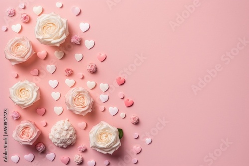 Mother's Day concept. Top view photo of small white and pink roses small hearts and sprinkles on isolated pastel pink background with copy space, Generative AI 