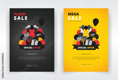 Poster, flyer or leaflet template with a design of clothes and shopping bags. Suitable for black friday, seasonal or any other kind of sales event in clothing stores