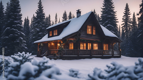 Beautiful wooden house in the winter forest at sunset. Vintage style  © Waqar