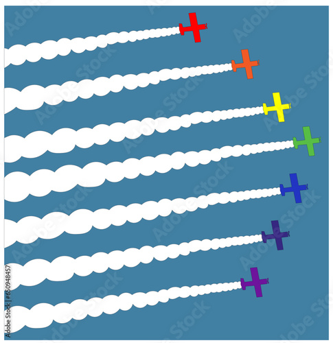 set of seven airplanes in rainbow colors