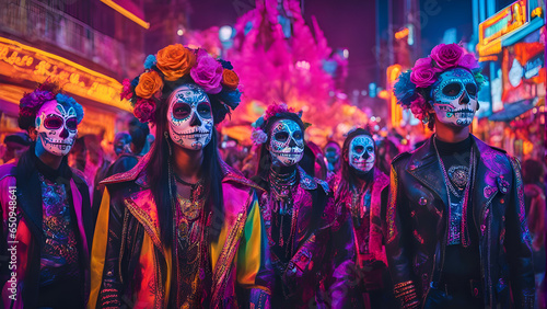 Unidentified participants at the Dia De Los Muertos parade in Oaxaca Mexico. The Dia