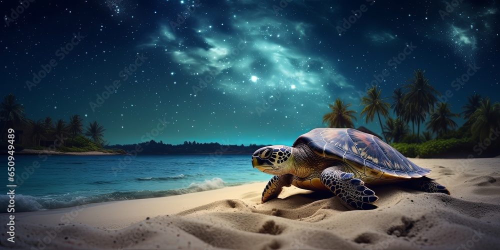 Turtle on the night beach. Generative AI