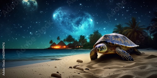 Turtle on the night beach. Generative AI photo