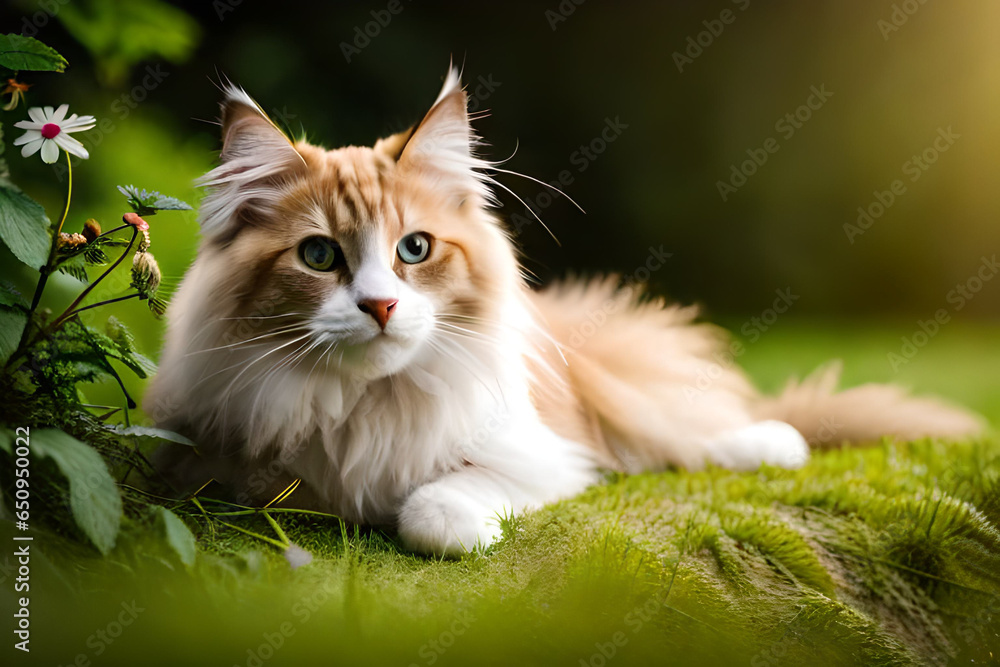 Decorative cat on bright background meadow