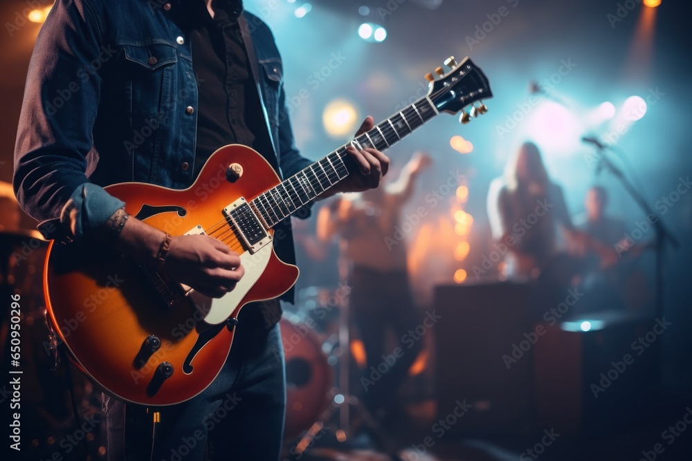 Obraz premium Music band group perform on a concert stage.Guitarist on stage for background. Generative AI.