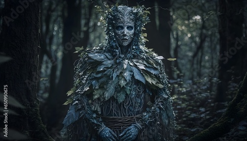 Medium shotFull body The ghost of the forest is a creapy humanoid tree in a costume of forest plants forest background magical mystical elegant beauty ornamental intricate details Award Winning  photo