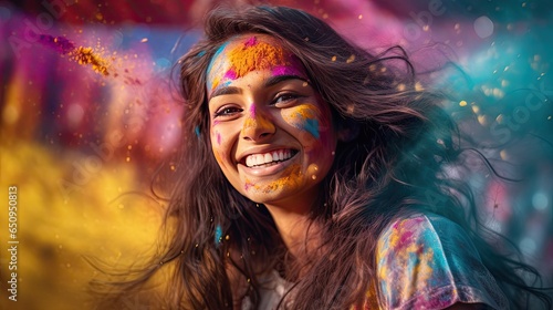 Beautiful happy Indian woman celebrates Holi with colored powder or gulal. indian festival holi