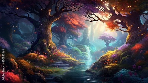 fantasy forest fairy tale background. tree with colorful lighting. dreamy woods landscape scene