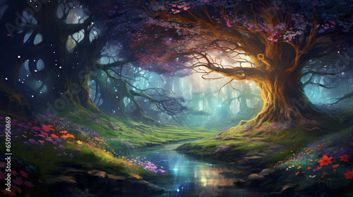 fantasy forest fairy tale background. tree with colorful lighting. dreamy woods landscape scene © piggu