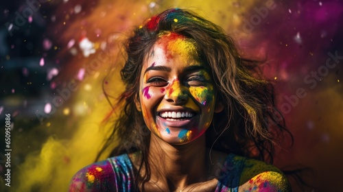 Beautiful happy Indian woman celebrates Holi with colored powder or gulal. indian festival holi