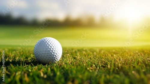 Close up golf ball on tee fairway golf course background.