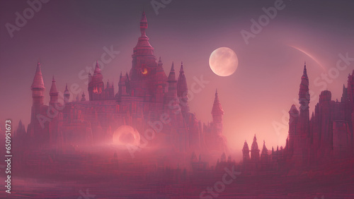 Fantastic castles with platnets and moons. Castle on another planet