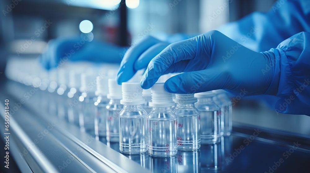 Fototapeta premium A pharmaceutical manufacturing plant scientist inspects medicine bottles wearing hygienic gloves. Pharmaceutical machinery working pharmaceutical glass bottle production line
