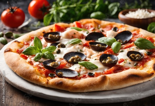 seafood pizza with mozzarella, tomato sauce, anchovies, capers, and oregano