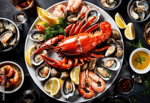 seafood platter with lobster, crab, shrimp, oysters, and clams