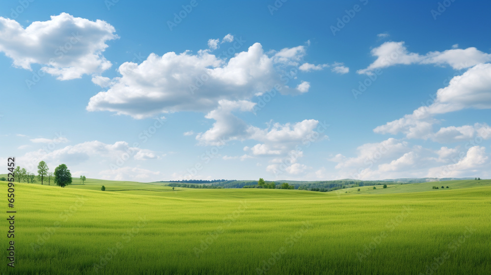 scenery with green field in a day with blue sky and white fluffy cloud. nature landscape cartoon scene