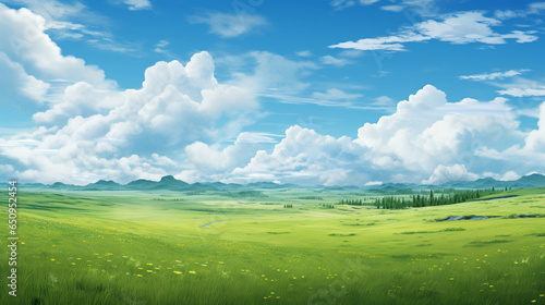 scenery with green field in a day with blue sky and white fluffy cloud. nature landscape cartoon scene