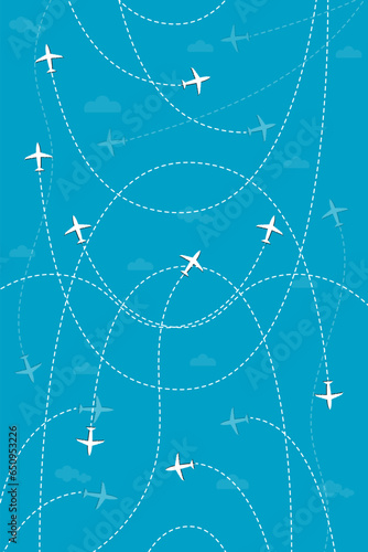 White planes, overlapping curved dotted lines and clouds. Travel and holiday travel patterns. blue background with vertical imag