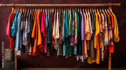 clothing rack full of colorful clothing. generative AI