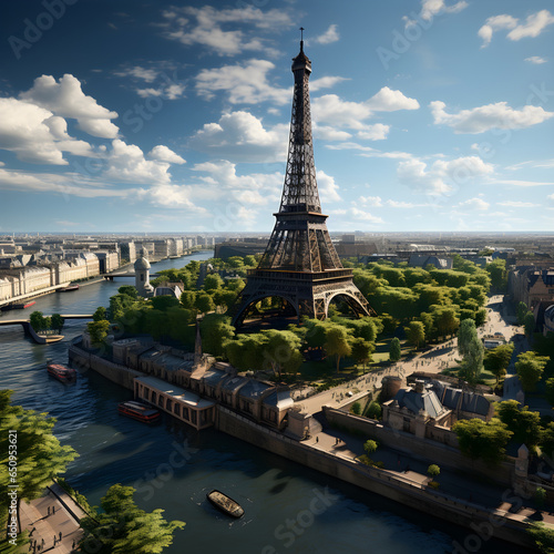 In this mesmerizing drone view photo  the iconic Eiffel Tower gracefully stands tall amidst the picturesque Parisian landscape