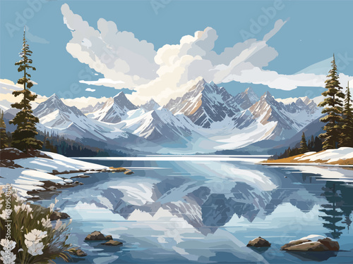 Design an intricate vector illustration of a pristine snowy mountain range, where a serene lake reflects the towering snow-covered peaks in the foreground, while a cloudy sky in the background adds a