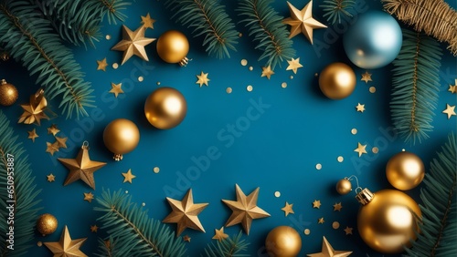 Christmas frame top border made of fir tree branches, golden decorative stars, balls over blue background