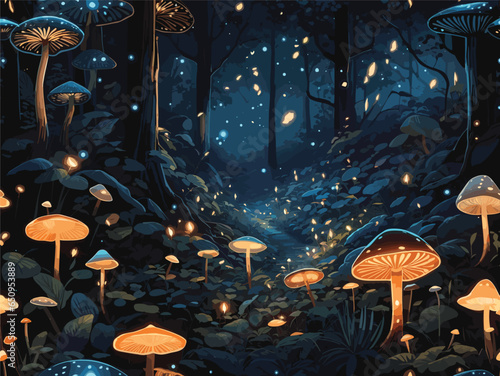 illustration showcasing an enchanting and magical forest. Depict towering trees with twisting branches, glowing mushrooms, and mystical creatures. fairy dust, winding path leading into the depths of