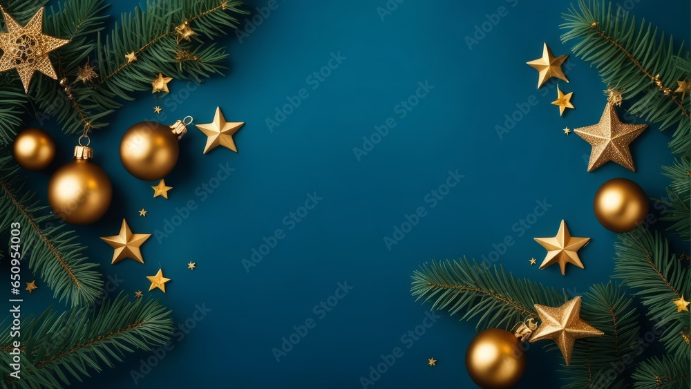 Christmas frame top border made of fir tree branches, golden decorative stars, balls over blue background