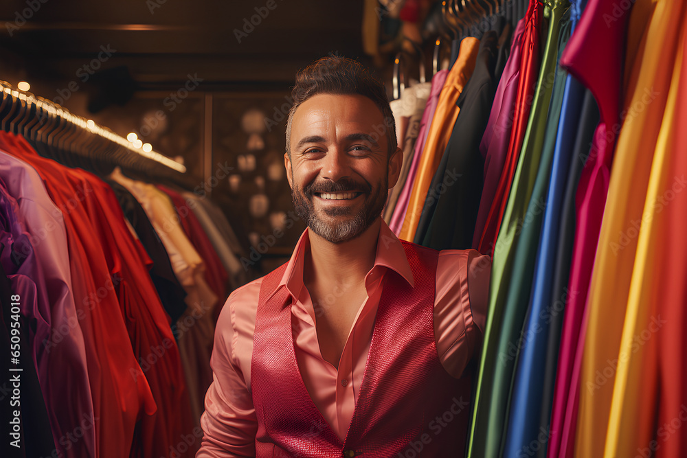 Gay fashion stylist in dressing room LGBTQ designer concept